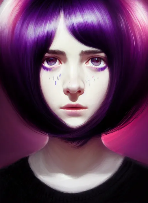 Image similar to portrait of teenage girl with white bangs, red irises, black hair, purple clothes, white bangs, bangs are different color from hair, intricate, front of hair is white rest is black, elegant, glowing lights, highly detailed, digital painting, artstation, concept art, smooth, sharp focus, illustration, art by wlop, mars ravelo and greg rutkowski