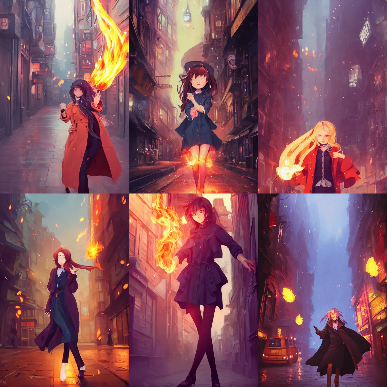 Prompt: a portrait of a cute female wizard wearing a flowing very stylish trenchcoat, castin a fireball, fireball lighting her face, embers flying, urban fantasy setting, narrow street, vivid colors, warm lighting, atmospheric, cinematic, moody, in the style of Ilya Kuvshinov and Range Murata, Krenz Cushart, rule of thirds, oil on canvas, 8k