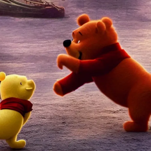 Image similar to an award winning cinematic still of Xi Jinping fighting Winnie the Pooh, 16k photograph, epic battle