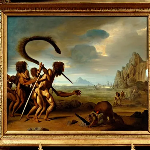 Prompt: A painting of serval cavemen with spears fighting a dinosaur, coarse canvas, visible brushstrokes, painting by Jan van Goyen
