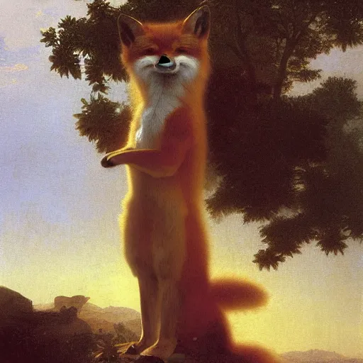 Prompt: An anthropomorphic fox wearing a dress, beautiful golden sunlight, backlit fur, by Robert Cleminson and William-Adolphe Bouguereau