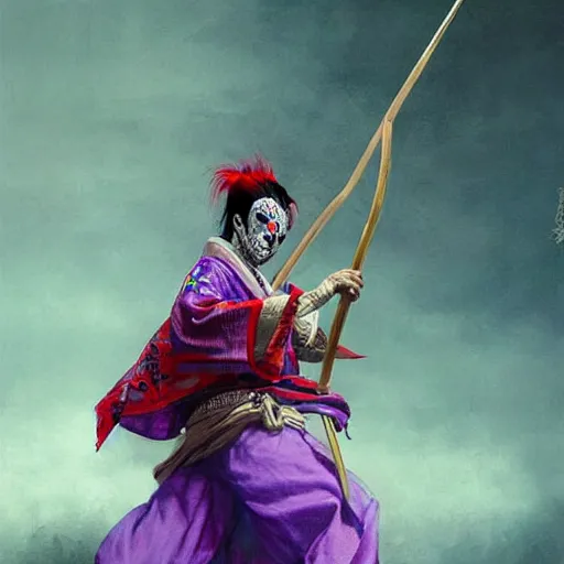 Prompt: portrait of an insane kabuki man wielding a spear covered in a distorting aura, intricate purple hakama, poofy red wig, eerie, highly detailed, dark fantasy, shallow depth of field, art by artgerm and greg rutkowski