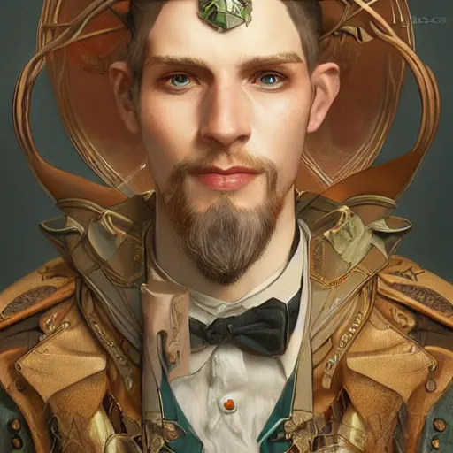 Prompt: Three quarters portrait of a elf gentleman steampunk, highly detailed, digital painting, art by Stanley Lau and Artgerm and magali villeneuve and Alphonse Mucha, artstation, octane render, cgsociety