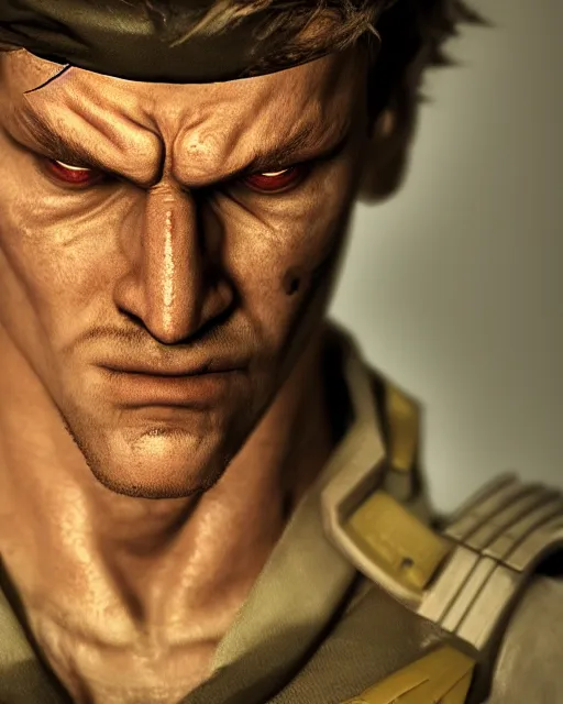 Image similar to solid snake bust portrait, cinematic lighting, anguished depressed facial expression, close - up, black atmospheric background, 4 k photography hdr