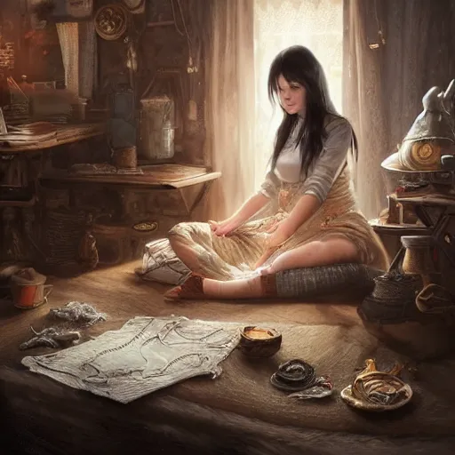 Image similar to a woman with dark wavy hair sitting doing embroidery, a cat sits at her feet, D&D, fantasy, cinematic lighting, highly detailed, digital painting, artstation, concept art, smooth, sharp focus, illustration, warm light, cozy warm tint, magic the gathering artwork, volumetric lighting, 8k, art by Akihiko Yoshida, Greg Rutkowski