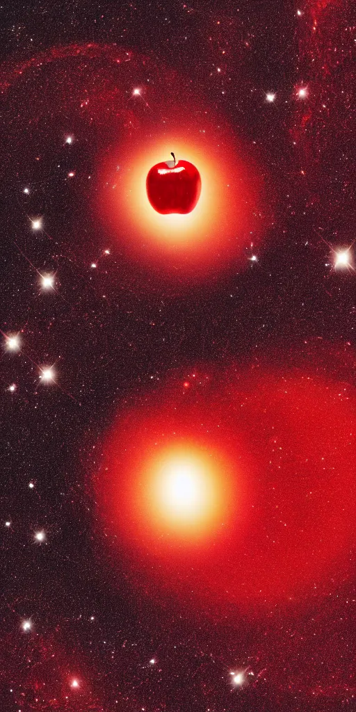 Image similar to a nasa photo of a galaxy in the shape of a red apple with a bite taken out of it. dynamic composition psychedelic