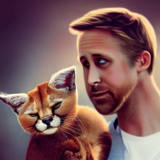 Prompt: Ryan Gosling holds a caracal cat in his hands, ultra highly detailed, smooth, sharp focus, digital art, digital painting, fan art, elegant, artstation