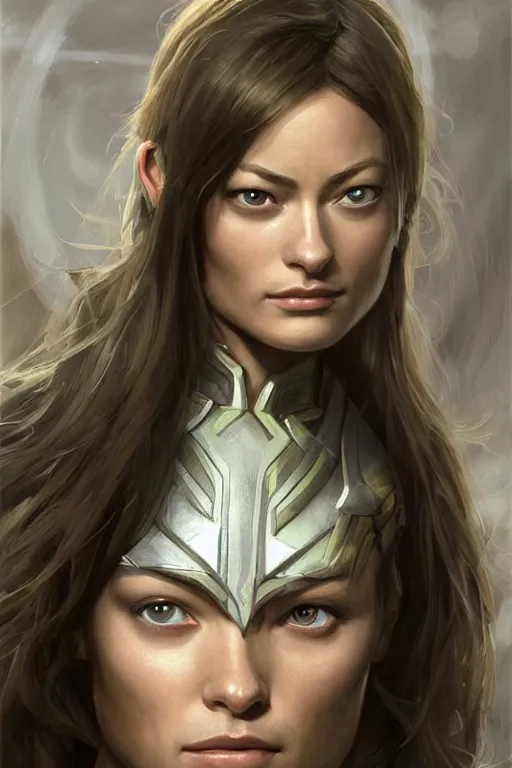 Image similar to a professional painting of a young Olivia Wilde, clothes in military armor, olive skin, long dark hair, beautiful bone structure, symmetrical facial features, intricate, elegant, digital painting, concept art, smooth, sharp focus, illustration, from StarCraft by Ruan Jia and Mandy Jurgens and Artgerm and William-Adolphe Bouguerea