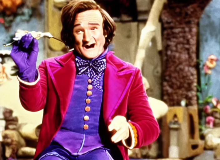 Image similar to film still of Robin Williams as Willy Wonka in Willy Wonka and the Chocolate Factory 1971