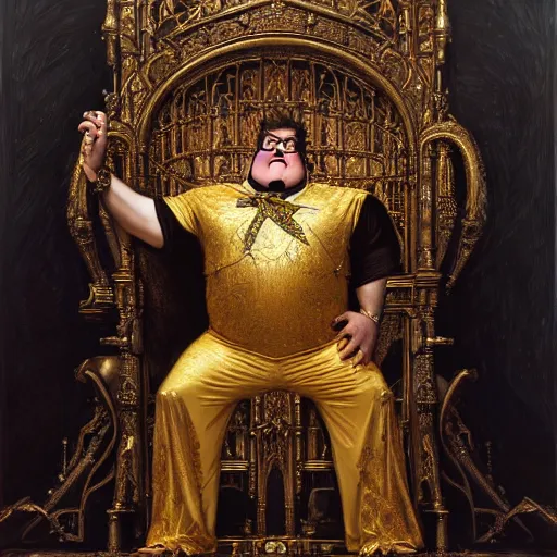 Prompt: perfectly centered portrait of peter griffin in gold gothic robe sitting on a throne of black bones, highly detailed painting by gaston bussiere, craig mullins, j. c. leyendecker, 8 k, mid shot