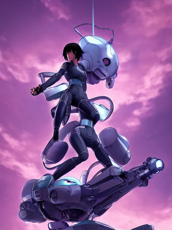 Image similar to a fullbody action still of motoko kusanagi riding on top of a tachikoma, the major ghost in the shell : : stand alone complex, under repairs, maintenance : : by ilya kuvshinov, rossdraws, artgerm, sola digital arts, anti aliasing, raytracing : :