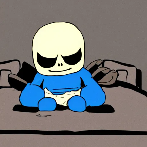 Image similar to Sans Undertale sitting on the edge of the bed, depressed