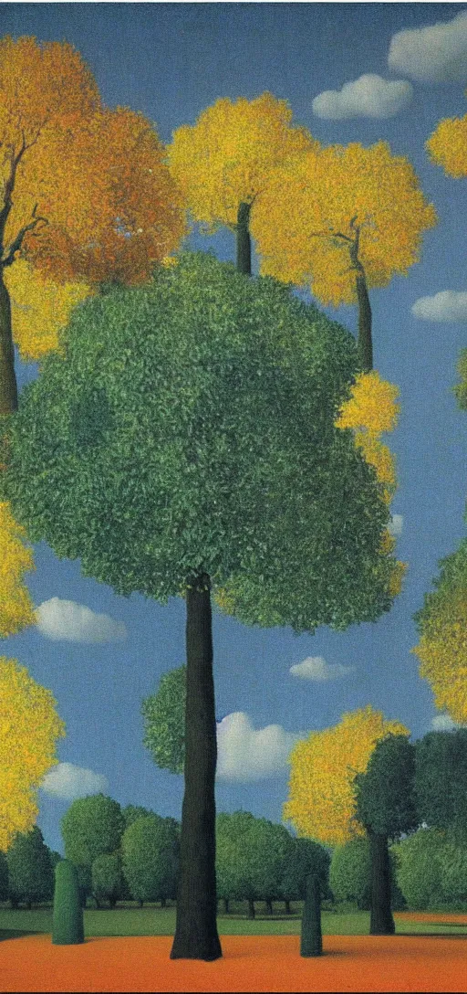 Prompt: Park on an Autumn night by Rene Magritte. Long surreal shadows. Blue.