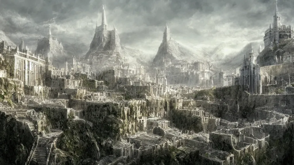 prompthunt: the white city of minas tirith in gondor, middle - earth, by  alan lee, michal karcz, smooth details, lord of the rings, game of thrones,  smooth, detailed terrain, oil painting, trending