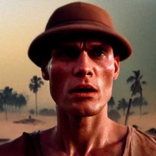 Image similar to Live Action Still of Jerma985 in Apocalypse Now, real life, hyperrealistic, ultra realistic, realistic, highly detailed, epic, HD quality, 8k resolution, body and headshot, film still