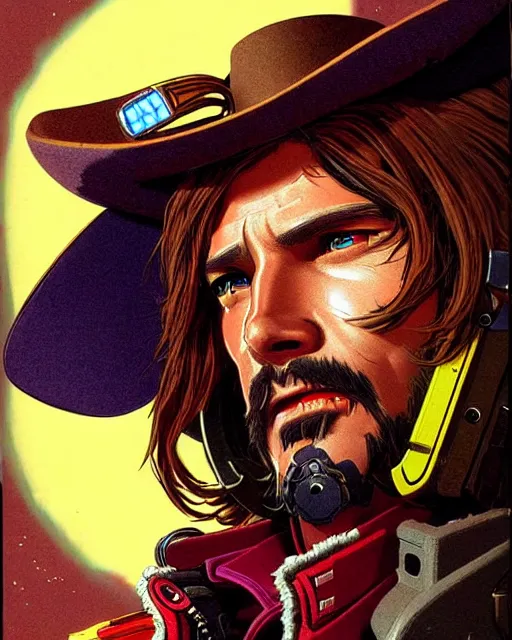 Prompt: mccree from overwatch, cyber space cowboy, outter space, cyber armor, character portrait, portrait, close up, concept art, intricate details, highly detailed, vintage sci - fi poster, retro future, vintage sci - fi art, in the style of chris foss, rodger dean, moebius, michael whelan, and gustave dore