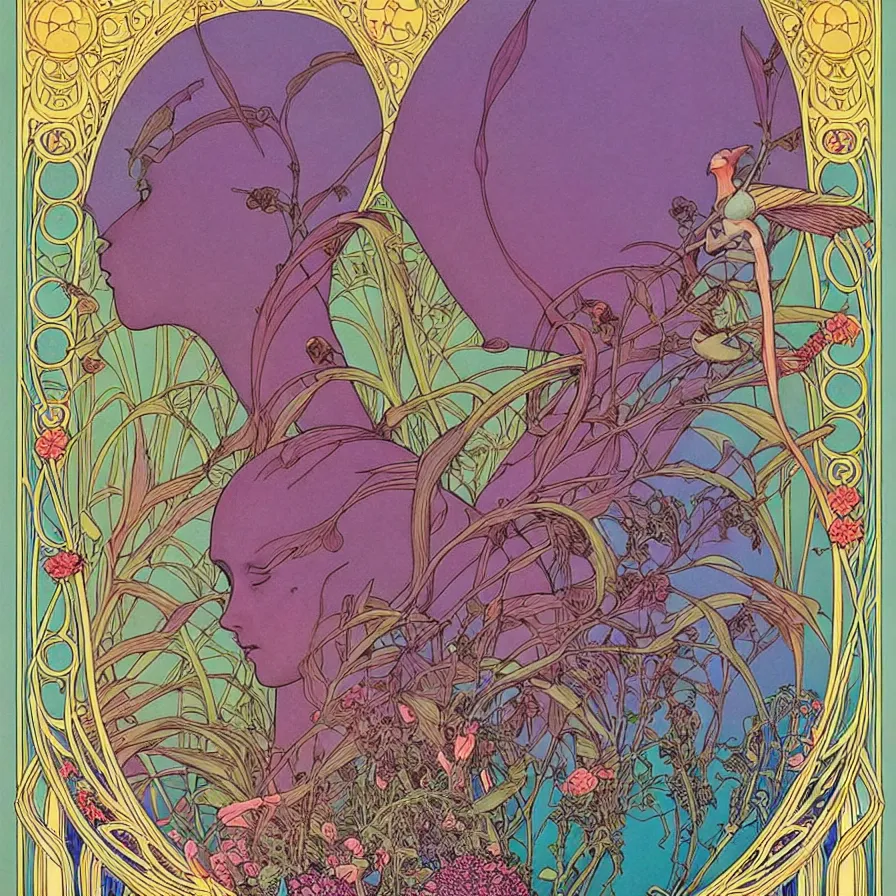 Image similar to ( ( ( beautiful strange forest and flowers and birds surrounded by an art nouveau style decorative frame ) ) ) by mœbius!!!!!!!!!!!!!!!!!!!!!!!!!!!, overdetailed art, colorful, record jacket, cover art design