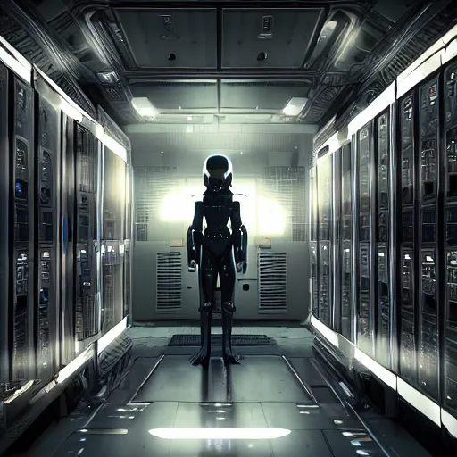 Image similar to symmetrical anthropomorphic android working in sci - fi server room. cinematic shot from alien isolation