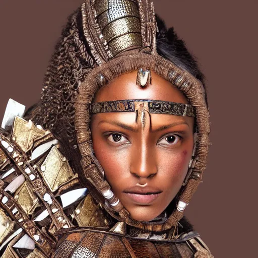 Prompt: portrait of a brown woman wearing an armor made of mother of pearl. sheen and shimmer. super intricate. photorealistic. award winning