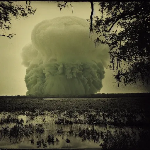 Image similar to dark photo of a nuclear explosion in the louisiana swamps, pictorialism