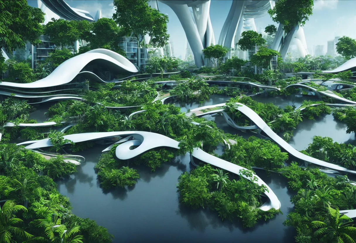 Image similar to futuristic architecture by zaha hadid, multi storey, connecting bridges, covered in lush foliage, surreal, ethereal bohemian garden, middle of gardens, cinematic shot, central square water feature, building inside the water, unreal engine, photorealistic, octane render