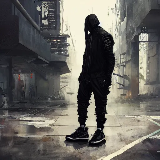 Image similar to A man wearing Acronym J36-S pants and Acronym P30A-DS and black Nike Air Force 1 sneakers, high quality, digital art, dirty cyberpunk city, greg rutkowski