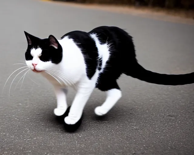 Image similar to a cat wearing tuxedo in a hurry to get to work