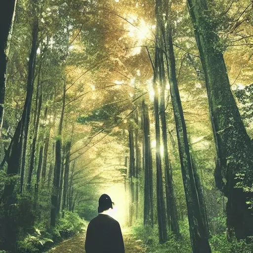 Image similar to 1 9 9 0 s candid 3 5 mm photo of a beautiful forest in tokyo, cinematic lighting, cinematic look, golden hour, the clouds are epic and colorful with cinematic rays of light, a man walks down the center of the forest with a beanie on, photographed by petra collins, uhd