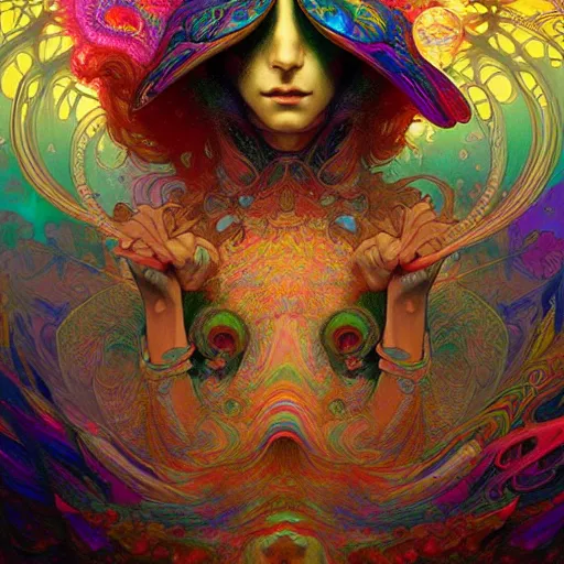 Image similar to An extremely colorful psychedelic experience, warping time and space, magic mushrooms, psilocybin, LSD, face, detailed, intricate, elegant, highly detailed, digital painting, artstation, concept art, smooth, sharp focus, illustration, art by Krenz Cushart and Artem Demura and alphonse mucha