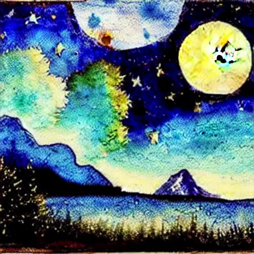 Image similar to a variety of sparkly landscapes at night with stars and a full moon, by bob ross, by leonardo davinci, watercolor, wet on wet, on canvas, starry night