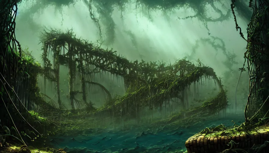 Image similar to giant skeleton in underwater ruins, vines, forest, hyperrealistic, highly detailed, cinematic, single ray, dark, beautiful, cgssociety, artstation, 8 k, oil painting