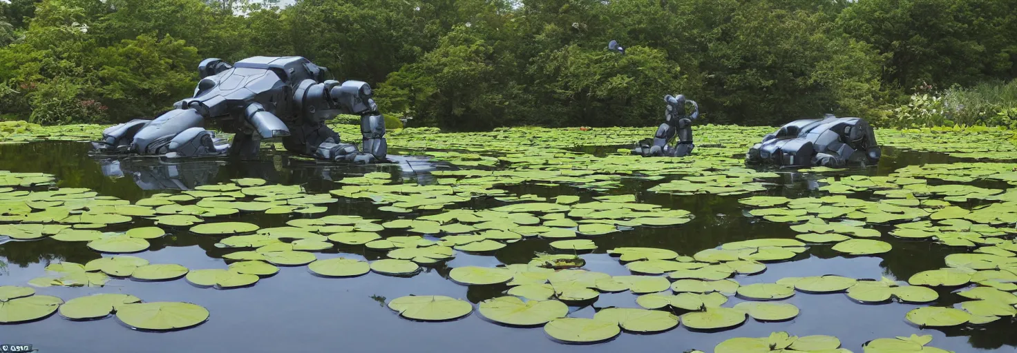 Prompt: A large combat robot lies in the shallow waters of a lake, water lilies float on the surface of the water, sun dawn, futuristic