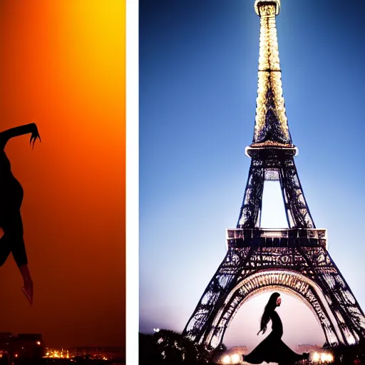 Prompt: !dream an 18 year old woman dancing in front of the eiffel tower in the year 2154, dramatic lighting