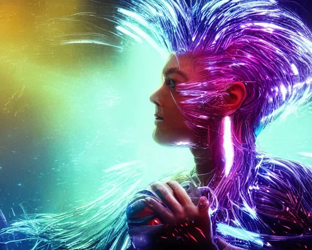 Image similar to glowing hair, complex cybernetic beings, beautiful hairy humanoids, cybermagnetosphere, cybernetic civilizations, ornate hair, love, joy, vortexes, large arrays, data holograms, 8 k, cinematic light shadows, wet hdr refractions, *, * * *, * * * * *