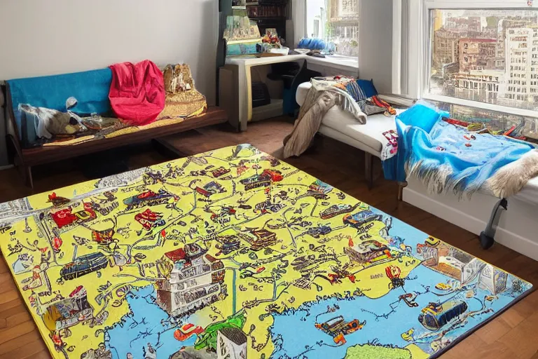 Prompt: an elaborate kids road map carpet rug, detailed, penned illustrations, by wes anderson and geoff darrow!!!!!