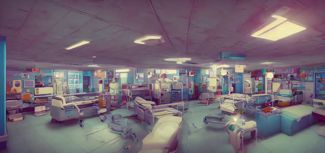 Prompt: retro hospital, colorful, 8 k photorealistic, hd, high details, trending on artstation