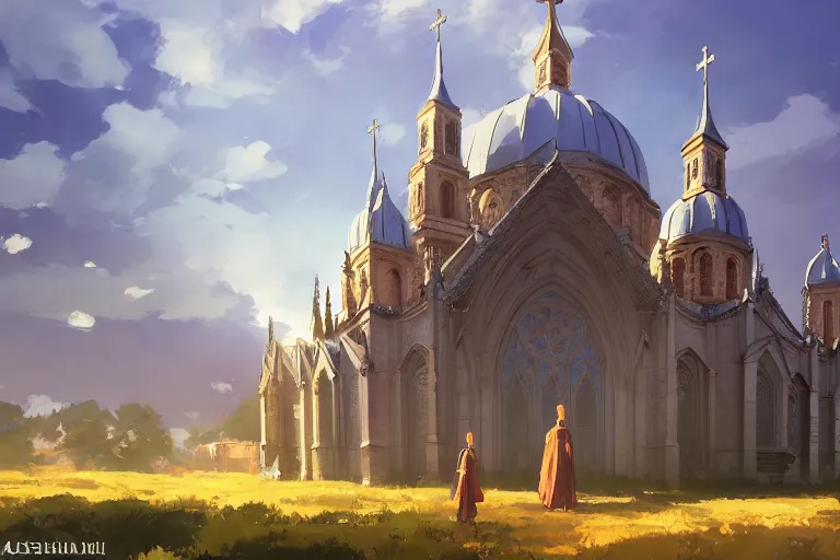 Image similar to concept art of a huge ornate church with lots of smaller chapels combined on top of a tank aka churchtank in an open field, key visual, ambient lighting, highly detailed, digital painting, artstation, concept art, sharp focus, by makoto shinkai and akihiko yoshida and greg manchess