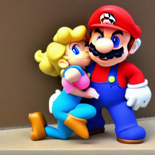 Image similar to super mario in tights kissing princess peach in yoga pants, highly detailed, extremely high quality, hd, 4 k, 8 k, canon 3 0 0 mm, professional photographer, 4 0 mp, lifelike, top - rated, award winning, realistic, detailed lighting, detailed shadows, sharp, no blur, edited, corrected, trending