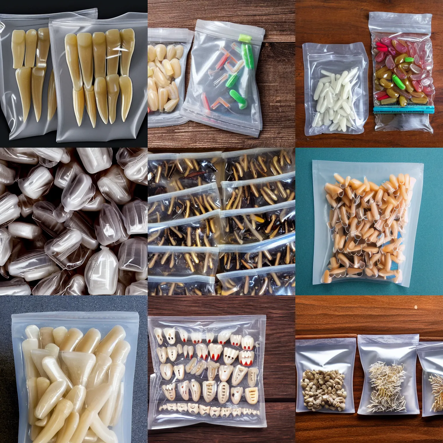 Prompt: a ziplock bag filled with individual teeth / tooths