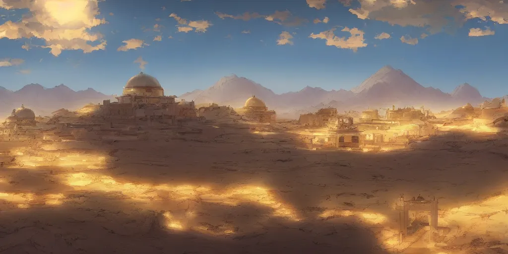 Image similar to a stunning desert landscape with an arabian palace on the horizon by makoto shinkai