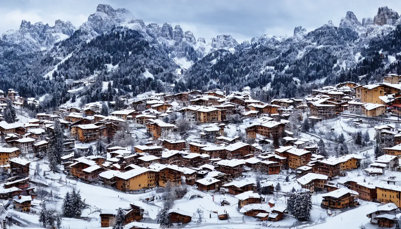 Image similar to an italian town in the dolomites mountains, winter