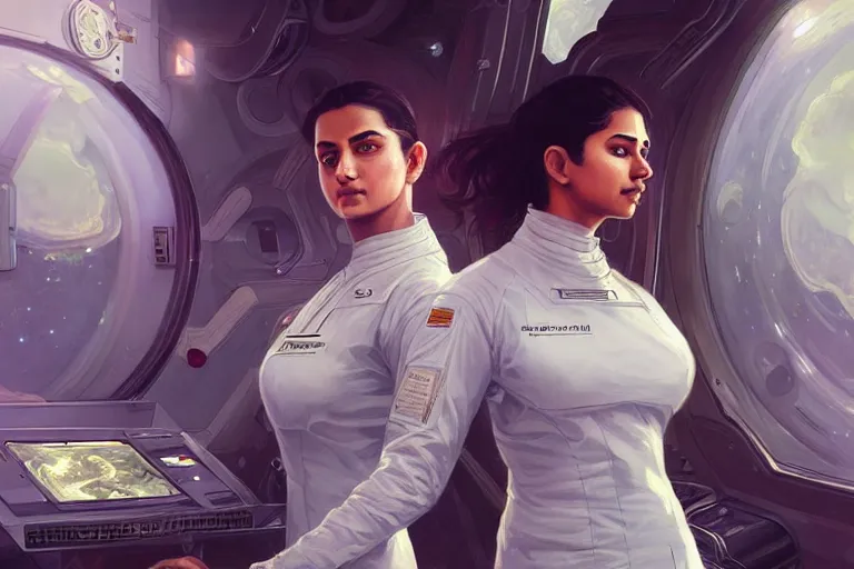 Image similar to Sensual beautiful female pale young Indian doctors wearing Deus Ex Human Revolution clothing in a space station above Earth, portrait, elegant, intricate, digital painting, artstation, concept art, smooth, sharp focus, illustration, art by artgerm and greg rutkowski and alphonse mucha