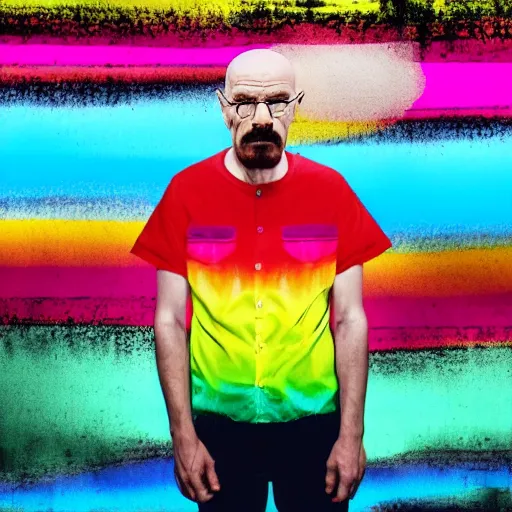 Prompt: walter white wears a very colorful rainbow shirt