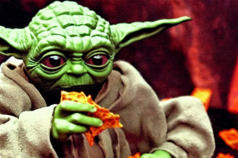 Image similar to yoda stoned with bloodshot eyes eating doritos, 1 9 8 5 lego set