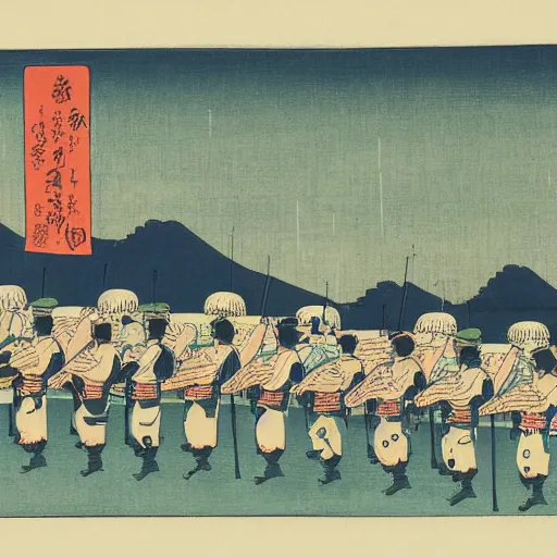 Prompt: army of robot lining up preparing for war, rainy, foggy, ando oder utagawa hiroshige