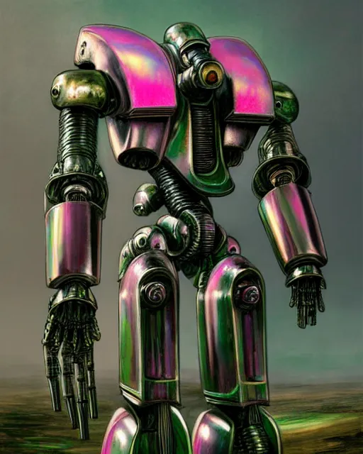 Image similar to hyperrealistic hyperdetailed medieval mecha iridescent pink covered in medieval type battle war concept art santiago caruso de chirico sharp very dramatic green light 8k low angle shallow depth of field