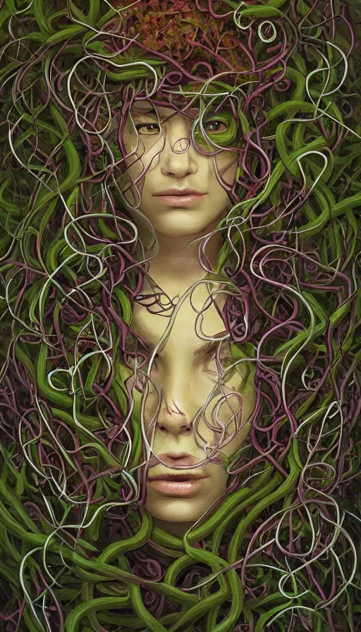 Prompt: very detailed portrait of a 2 0 years old girl surrounded by tentacles, the youg woman visage is blooming from fractal and vines, by ian mcque