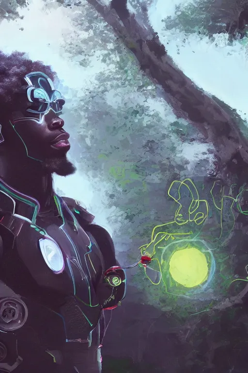 Image similar to a black kid fixing his futuristic robot in the nature, mixing solarpunk, afropunk ( ( ( ( volumetric light ) ) ) ), high angle, part by pearl fryar, part by prince damah, sunny day, trending on artstation, cinematic view, illustration, painting, realistic, inspired in black panther