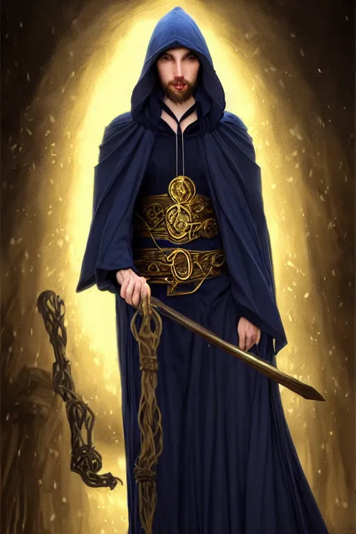 Image similar to handsome male mage the sandman in a tavern, long black hair blue eyes wearing cloth mantle gothic navy cloak with gold details, tree town, fantasy character portrait, ultrarealistic, intricate details, elegant, cinematic lighting, highly detailed, artstation, cgsociety, sharp focus, beautiful digital painting by artgerm, gerald brom, wlop, alphonse mucha