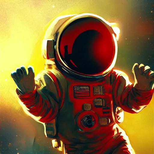 Prompt: movie poster, baby red astronaut, arm = 0 , digital art by Craig Mullins
